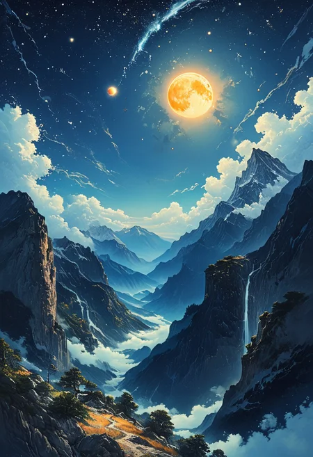 view of a planet in the sky with clouds and mountains, stars, sun is shining brightly, beautiful backdrop, hyper-detailed, ultra-sharp, hyper-realistic, professional photoshoot