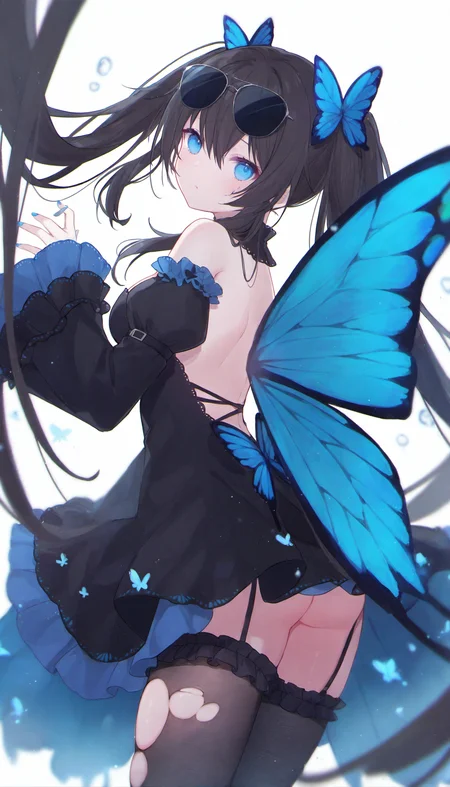 1girl, butterfly hair ornament, solo, wings, insect wings, hair ornament, blue eyes, eyewear on head, butterfly wings, dress, thighhighs, flower, garter straps, looking at viewer, torn clothes, torn thighhighs, twintails, detached sleeves, black dress, sunglasses, blue flower, bare shoulders, black hair, long hair, ass, white background, hair between eyes, black thighhighs, water, blue nails, looking back, frills, butterfly, thigh strap, bug, nail polish, breasts, backless outfit, long sleeves,
masterpiece,best quality,newest,absurdres,highres,very awa,<lora:sei3_noob1.1-000200:0.8>,