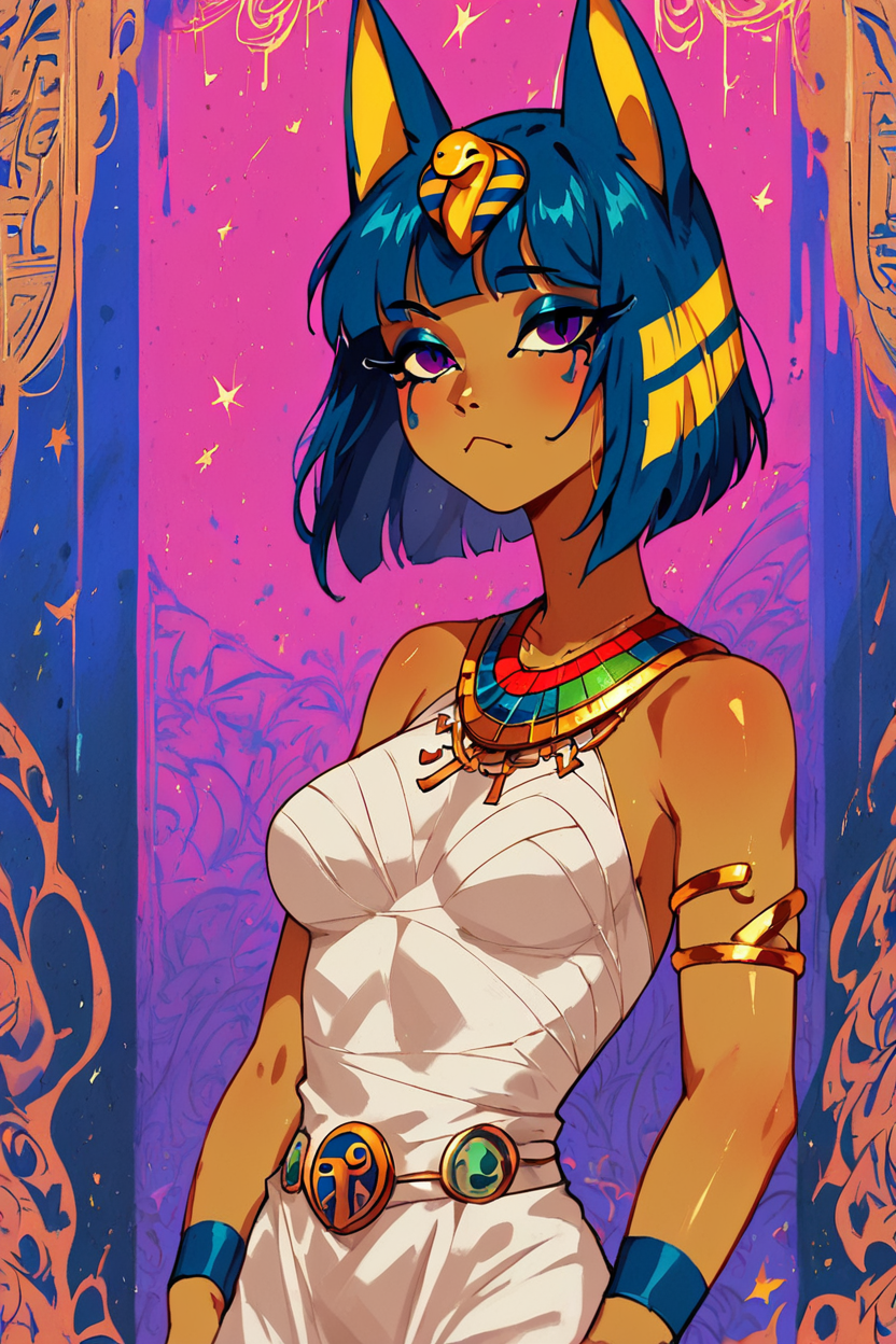 score_9, score_8_up, score_8, medium breasts, (curvy), cute, eyelashes,       BREAK, , BREAK, zzEgyptian, animal crossing, animal ears, zzAnkha, armlet, backlighting, bare shoulders, belt, blonde hair, blue hair, blunt bangs, blunt ends, bob cut, cat ears, cat girl, cat tail, closed mouth, cropped, daniel deng, dark skin, dress, eye of horus, eyelashes, eyes visible through hair, facial tattoo, humanization, purple eyes, shiny skin, short hair, slit pupils, tattoo, usekh collar, white dress , <lora:Egyptian_PDXL:0.8>,, <lora:NebulaNoir:1.0>, multicolored, glowing,, BREAK,  smile, looking at viewer, cowboy shot,  embedding:zPDXL, Expressiveh, <lora:SDXLFaeTastic2400:0.5>,  <lora:Expressive_H-000001:0.4>,