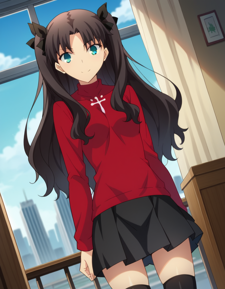 score_9, score_8_up, score_7_up, source_anime,
rintohsaka, <lora:rin-tohsaka-ubw-ponyxl-lora-nochekaiser:1>,
rin tohsaka, aqua eyes, black hair, hair ribbon, long hair, ribbon, sidelocks, two side up, parted bangs,
black skirt, black thighhighs, long sleeves, miniskirt, pleated skirt, red sweater, skirt, sweater, thighhighs, turtleneck,
indoors, cityscape, smile,
looking at viewer, dutch angle, cowboy shot,