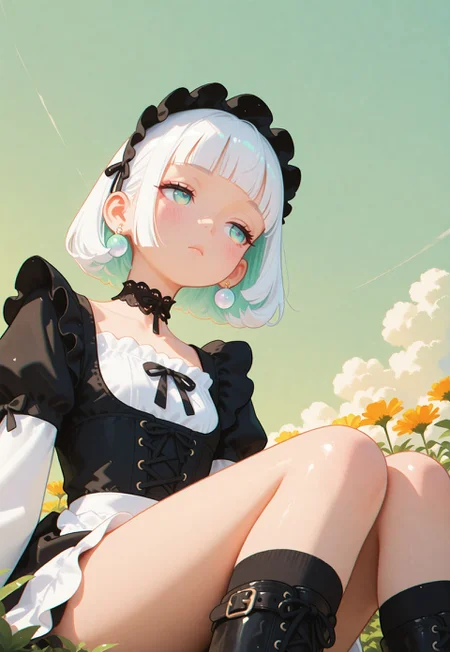 masterpiece, ultra-HD, cinematic lighting, photorealistic, impressionism, high detail,  dramatic lighting, best quality, very aesthetic, 8k,
simple pastel gradient green background, thick clouds, half close-up,
multicolored white hair, bobcut hair, blunt bangs,
blushing, asian girl, [[small head]], pretty girl, korean girl, choker, ear pierces,
emotionless, slim body, frat chest,
dynamic angle, dynamic pose, portrait, girl,
black maid clothes, black socks, white short boots, in a garden, decorative victorian gossamer clothes, dazed,
half closed eyes, looking away, sitting, thick legs,
sunset, pastel cyan eyes, Flatline, Flat vector illustration, haiz_ai, chromatic aberration, 
