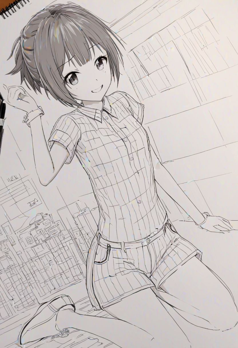 high quality, high detail, line art, sketch, 1girl, beautiful girl, joy, happy, laugh,Miku, good shading, very detailed drawing, full body