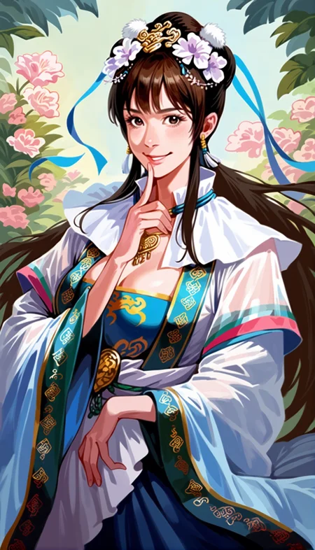 score_9,score_8_up,score_7_up,
<lora:wangyuanji:0.8>,
wangyuanji,1girl,solo,black hair,bangs,updo,hair ornament,purple hair flower,brown eyes,looking at viewer,smile,chinese clothes,layered cyan and white fabric,white cape collar,golden necklace,blue ribbon,sheer robe,a jade pendant as a waist decoration,cleavage,upper body,finger to own chin,
outdoors,flowers,