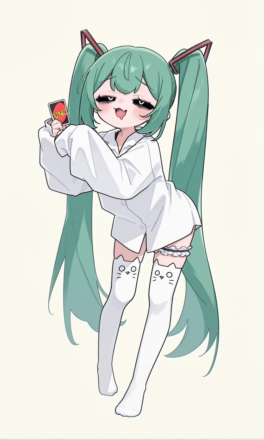1girl, hatsune miku,  hmmnt,
looking at viewer, blush, smile, open mouth, holding card, uno \(game\), one eye closed, tongue, skin fang, mouth drool, t-pose, 
twintails, very long hair, hair ornament, green hair, sidelocks,
black sclera, white pupils, half-closed eyes, raised eyebrows, bags under eyes, 
white shirt, collared shirt, sleeves past wrists,
bridal garter, single strap, frills, animal ear legwear, cat ear leagwear, white thighhighs, no shoes, 
simple background, pastel yellow background, full body,
rating safe, akita,
masterpiece, best quality, amazing quality, <lora:akita:1.0> <lora:[illustrious]_Hatsune_Miku_-_Mimukauwa_Nice_Try_v1_(MikuMasterRace):1.0>