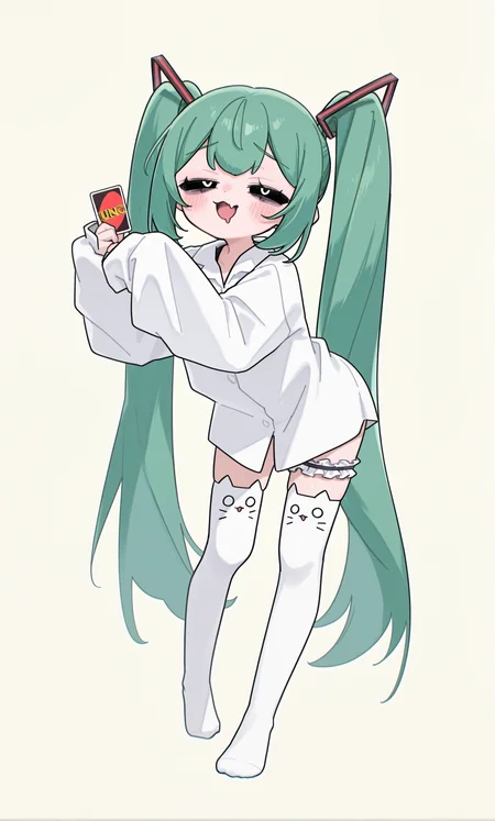 1girl, hatsune miku,  hmmnt,
looking at viewer, blush, smile, open mouth, holding card, uno \(game\), one eye closed, tongue, skin fang, mouth drool, t-pose, 
twintails, very long hair, hair ornament, green hair, sidelocks,
black sclera, white pupils, half-closed eyes, raised eyebrows, bags under eyes, 
white shirt, collared shirt, sleeves past wrists,
bridal garter, single strap, frills, animal ear legwear, cat ear leagwear, white thighhighs, no shoes, 
simple background, pastel yellow background, full body,
rating safe, akita,
masterpiece, best quality, amazing quality, <lora:akita:1.0> <lora:[illustrious]_Hatsune_Miku_-_Mimukauwa_Nice_Try_v1_(MikuMasterRace):1.0>