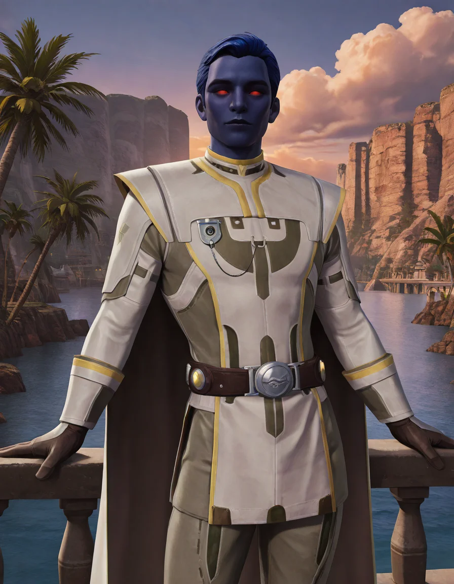 cinematic_depth, 8k, soft_lighting, warm_glow, ultra_high_quality, masterpiece, best quality, newest, perfect quality, best quality, detailed background, intricate details, male focus, realistic, <lora:SWTOR - Aristocra Saganu - Illustrious-000004:0.7>, swtor_saganu, 1boy, chiss, blue hair, very short hair, blue skin, red sclera, no pupils, glowing eyes, tunic, long cape, contrapposto, looking at viewer, outdoors, palm trees, water, cliffs, buildings, leaning on railing, gloves, belt, pants, evening, cloudy sky
