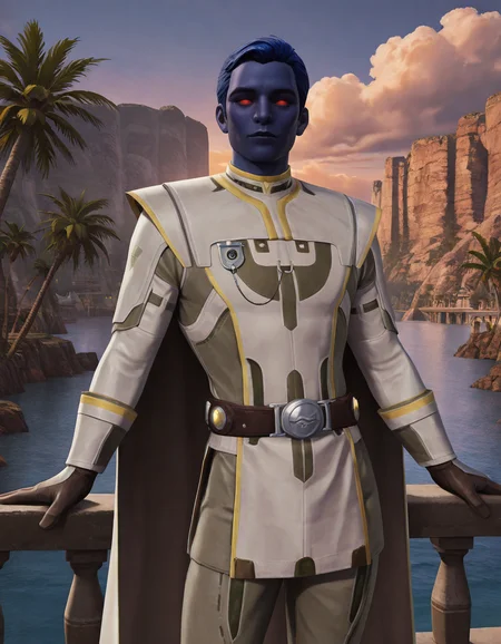 cinematic_depth, 8k, soft_lighting, warm_glow, ultra_high_quality, masterpiece, best quality, newest, perfect quality, best quality, detailed background, intricate details, male focus, realistic, <lora:SWTOR - Aristocra Saganu - Illustrious-000004:0.7>, swtor_saganu, 1boy, chiss, blue hair, very short hair, blue skin, red sclera, no pupils, glowing eyes, tunic, long cape, contrapposto, looking at viewer, outdoors, palm trees, water, cliffs, buildings, leaning on railing, gloves, belt, pants, evening, cloudy sky