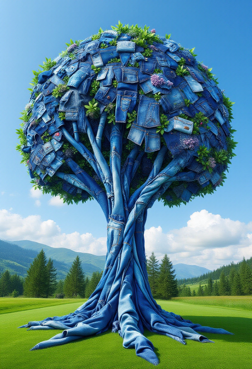 <lora:Denim_Dreamer_FLUX-000021:0.9>
The image is a highly detailed digital artwork featuring a large, stylized tree that is constructed from various pieces of denim, giving it a patchwork appearance with a blend of blue and denim textures.
