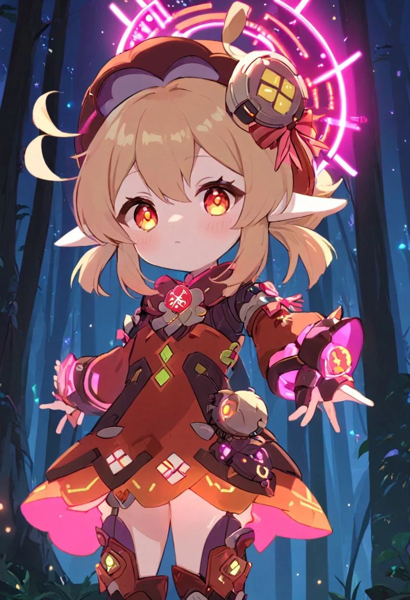 score_up_9, score_up_8, score_up_7,
1girl, witch_hat, , solo, klee_\(genshin_impact\), bangs, hat_bow, orange_eyes, light_brown_hair, ahoge,low_twintails, hair_between_eyes, ,pointy_ears, ribbon,
,(cyberpunk:1.5),(mechanical parts:1.4),nice hands,perfect hands,(glowing eyes:1.1),(cyber armor:1.2),science fiction,<lora:add_detail:1.4>,(cyberware:1.2),pink,neon,(neon trim:1.4),(neon lights:1.2),neon palette,dynamic pose,<lora:GoodHands-beta2:1.2>,<lora:CyberPunkAI:0.2>,CyberpunkAI,
Klee clothing with futuristic details, cyberpunk, neon lights on the armor, at night, in the forest, Klee clothing gothic armor,