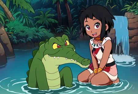 Tick tock crocodile,male animal focus,tail, crocodile , crocodile mouth open,smile ,green skin, blue eyes, Tick Tock the crocodile is giant and very huge size,teeth, crocodile swimming and submerged in the water,Tick Tock the crocodile looking Choi_mochimazzi,Choi_mochimazzi an anime girl, 1girl, looking at viewer, smile, short hair, Choi_mochimazzi sitting down on the crocodile belly,Choi_mochimazzi IS her very little size. Base - choim, short hair, black hair, red eyes, dark-skinned female,purple eyes, Base Outfit - dress, jewelry, dark skin, necklace, bracelet, wristband, neck ring, anklet, barefoot,river,palm trees, jungle, tropical _island,village, temple,Disney, waterfall,retro_anime, manga,tamako_market