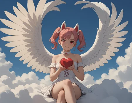 ( zPDXL3)
mischievous cupid girl with twin tails,short, small white wings, wearing a short strapless outfit, sitting on a fluffy cloud while holding a heart, bright sky with pink and red hues, crossed legs,
cute, beautiful blue sky,
simple background,