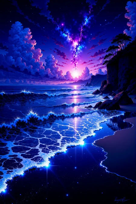 <lora:Anime_Sky:1.0> AnimeSky style. This vibrant digital artwork depicts an otherworldly, fantasy-inspired beach scene at dusk or dawn. The sky is a gradient of deep purples and blues, transitioning to a lighter cerulean at the horizon. A radiant, ethereal light source, likely the setting sun or moon, casts a glow across the scene. This light creates a shimmering, iridescent effect on the waves and the sand. The ocean is depicted in a gradient of deep blue to neon blue, with the water reflecting the vibrant colors from above, creating an almost luminescent effect on the wet sand at the shoreline. The sky is filled with swirling, glowing clouds that form a cosmic, nebula-like structure, emitting a mix of purples, blues, and whites. These clouds seem to stretch down to the horizon, merging with the ocean below. On the right side of the image, rugged, dark rock formations, covered in lush vegetation, rise from the sea.