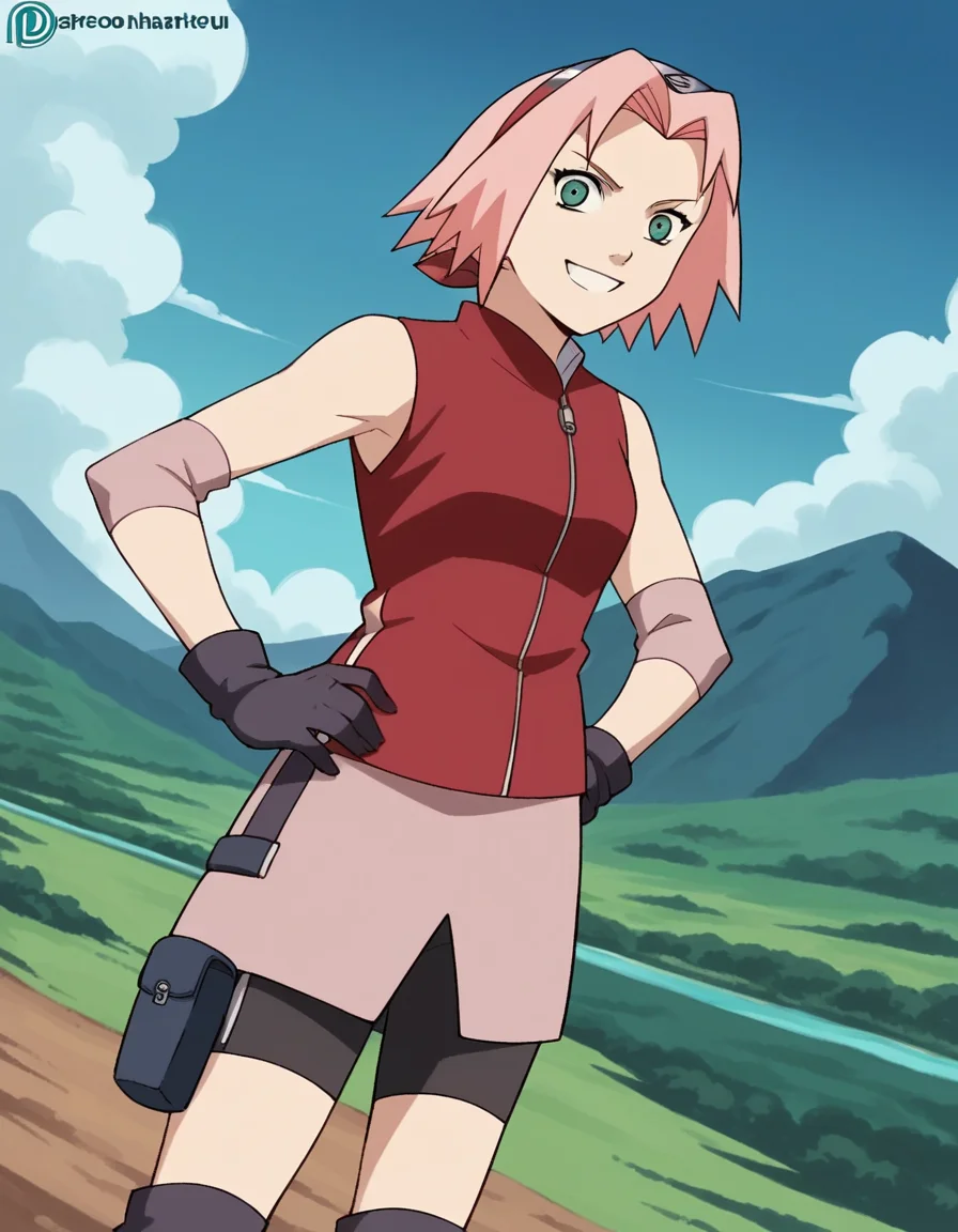 score_9, score_8_up, score_7_up, source_anime,
sakuraharuno, <lora:sakura-haruno-shippuden-s1-ponyxl-lora-nochekaiser:1>,
sakura haruno, short hair, green eyes, pink hair, parted bangs, hairband, forehead protector,
gloves, green eyes, sleeveless, black gloves, red shirt, zipper, forehead protector, konohagakure symbol, boots, bike shorts, zipper, toeless footwear,
outdoors, landscape, smile, hands on hips,
cowboy shot, looking at viewer, solo, dutch angle,