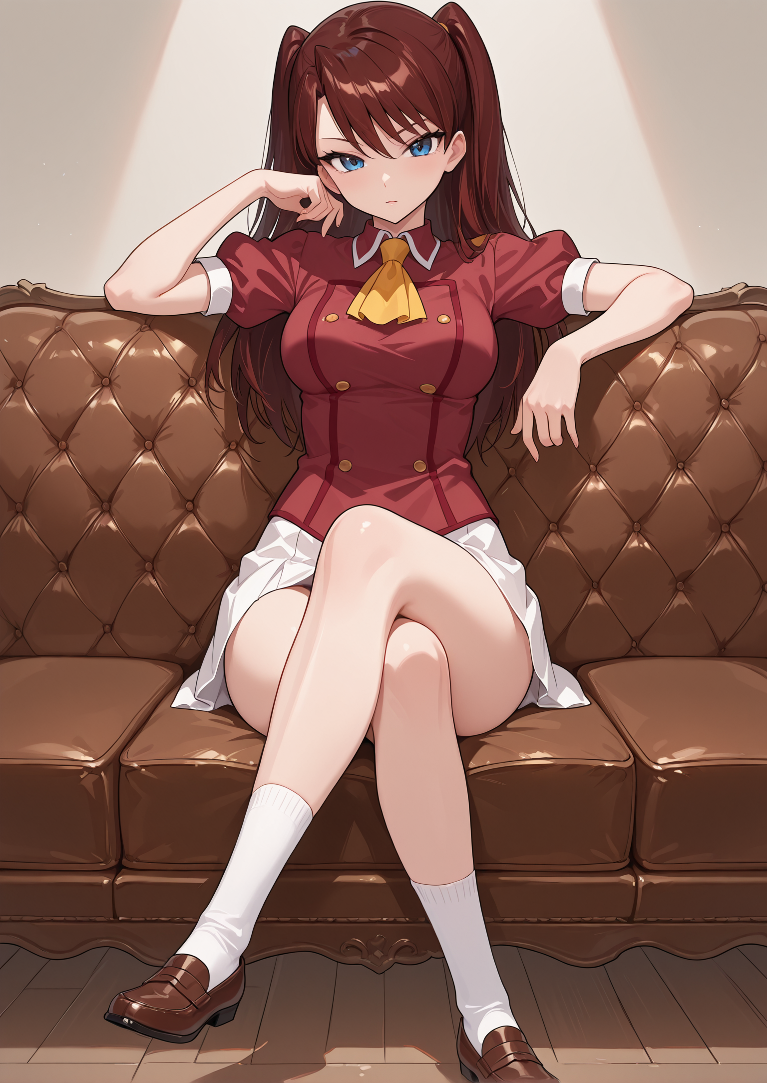 SimplepositiveXLv1, IllusP0s, anime, full body,
BREAK
1girl, solo, <lora:Eri_Shinkai_Aika_R-16:1> EriR16, dark red hair, two side up, blue eyes, tsurime, eyelashes, uniform, short sleeves, puffy sleeves, white skirt, white socks, brown loafers, yellow ascot, sitting on couch, crossed legs, arm rest,