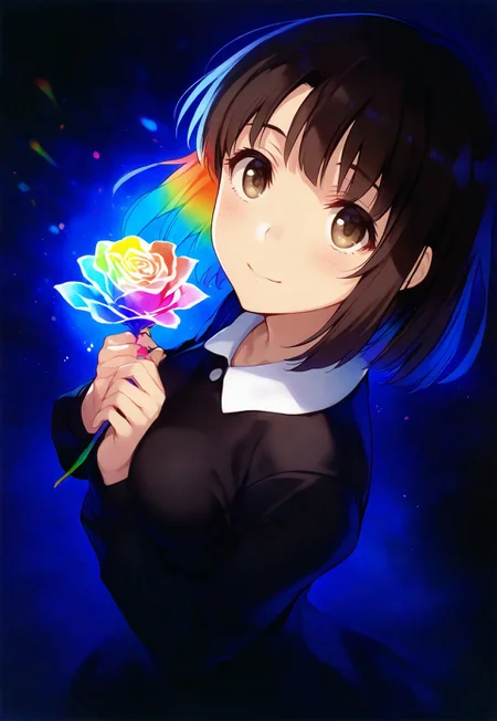 safe_pos, masterpiece, best quality, amazing quality, very aesthetic, absurdres, 
1girl, solo, beautiful, 1katou megumi, doctor outfit, brown hair,katou megumi,brown eyes, short hair , medium breasts
magic circles, sweet expression, looks at the flower, close-up of face, face in shadow, body in shadow, dark setting, beautiful black dress, thin lips, narrow mouth, cat's smile, solo upper body, angle from above, Dutch angle, hand near the face, holding a flower, rose, rainbow, crystal, fragile, transparent, luminous, magical rose, very beautiful, bright, multicolored, little , bright magical particles, smoke, fog, multicolored, small, colorful, explosion of colors, soft light, vibrant colors, multicolored rainbow light, focus on face, lots of soft light and colorful particles, colorful, masterpiece, best quality, amazing quality, very aesthetic, absurdres, newest, soft light, explosion of colors, masterpiece, best quality, colorful, bright, multicolored, bright colors of paint, masterpiece, best quality, amazing quality, very aesthetic, absurdres, lots of multicolored rainbow light, focus on the face, lots of soft light, soft colors, lots of colorful particles, dark, hard to see,((fingers fix)), (five fingers)