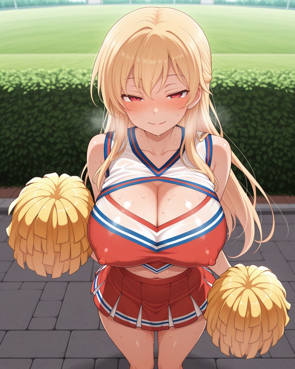 solo, standing, BREAK
1girl,big breasts,lovestruck,seductive smile,in heat,embarrassed,BREAK
blonde hair,long hair,red eyes,cheerleader,BREAK
shiny skin,erect nipples,outdoors, sweat,BREAK
masterpiece,best quality,amazing quality,explicit,<lora:TMCNEO:0.75><lora:総司Ill:0.75>
