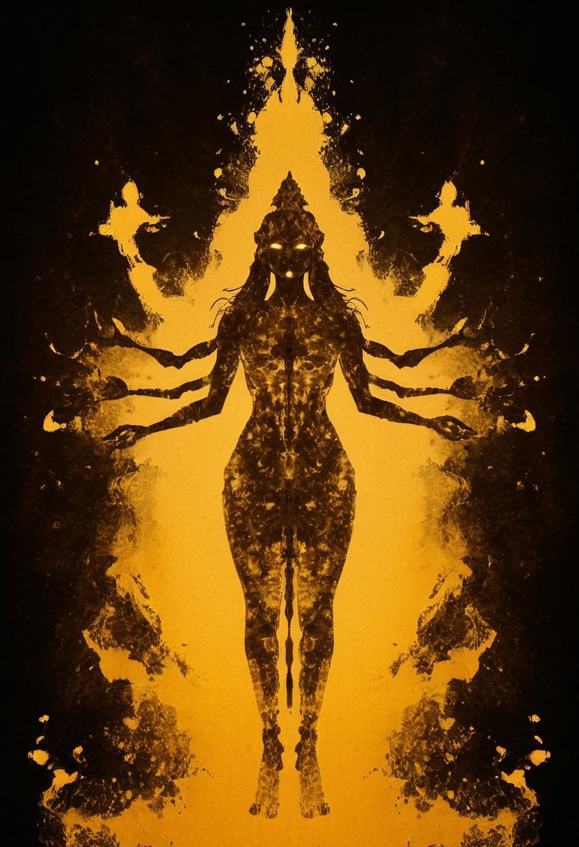 A rorschach-test resembling symmetrical goddess Shiva with four Arms and three eyes, Dancing, long hair, evil Aura, floating particles, dark Amber and golden translucent ink splashes