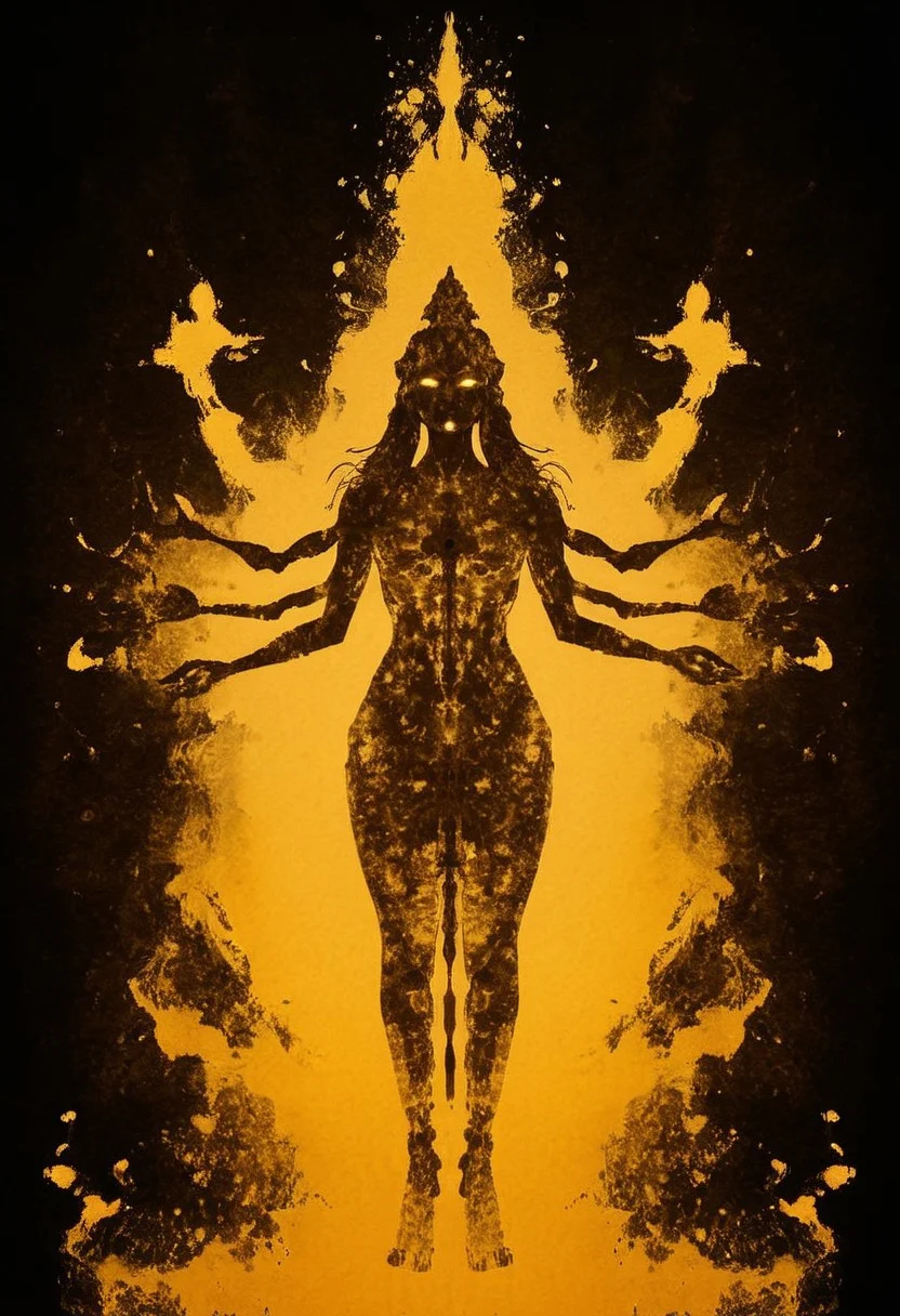 A rorschach-test resembling symmetrical goddess Shiva with four Arms and three eyes, Dancing, long hair, evil Aura, floating particles, dark Amber and golden translucent ink splashes