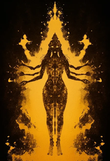 A rorschach-test resembling symmetrical goddess Shiva with four Arms and three eyes, Dancing, long hair, evil Aura, floating particles, dark Amber and golden translucent ink splashes