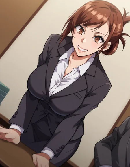score_9, score_8_up, score_7_up, source_anime,
hisatoazuma, <lora:hisato-azuma-ova-ponyxl-lora-nochekaiser:1>,
hisato azuma, brown hair, brown eyes, large breasts,
formal, suit, office lady, skirt, black skirt, black jacket, folded ponytail,
indoors, office, bent over, smile,
looking at viewer, cowboy shot, solo, dutch angle,