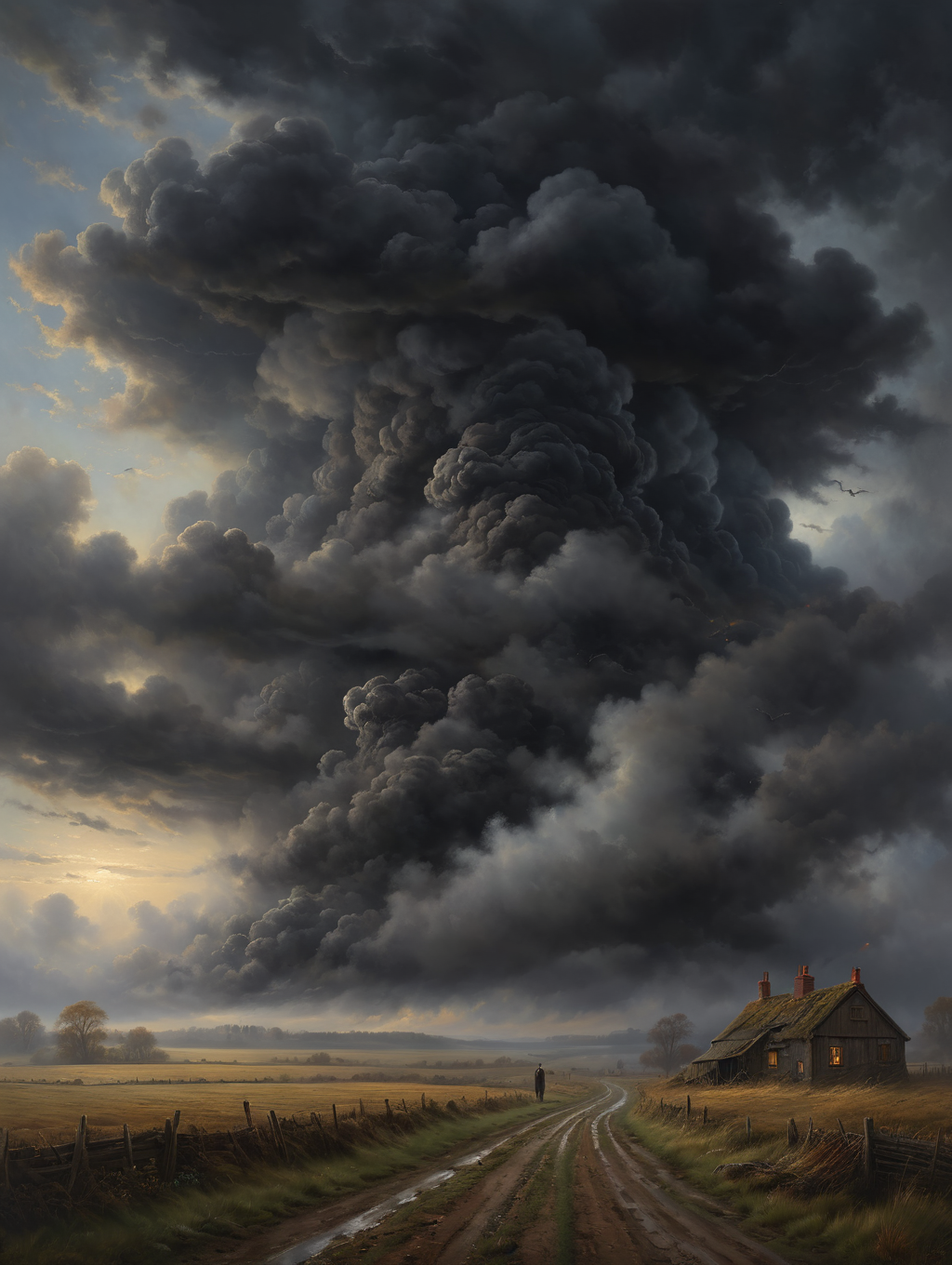 oil painting,
WHEN EVERYTHING THAT MATTERS SEEMS TO END,
 dramatic clouds, dark clouds, (misty:1.5), fog rolling in, creepy atmosphere, dramatic light, (darkness:2.5)
34K uhd, masterpiece, high detail, 8k, intricate, detailed, high resolution, high res, high quality, <lora:add-detail-xl:1.8>, highly detailed, Extremely high-resolution details, fine texture,