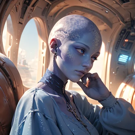 score_9, score_8_up, score_7_up, score_6_up, score_5_up, score_4_up, 1girl, zhaan, beautiful, blue skin, alien skin, blue eyes, pretty face, solo, colored skin, pale blue dress, long sleeves,,looking away, bald,interior: dirty space ship,glowing lights, <lora:OOPS-000007:0.6>