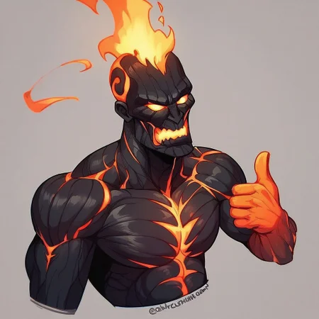 score_7_up, score_8_up, score_9, upper body, source_cartoon, 2d, 
BREAK,
leaguebrand, glowing markings, glowing hands, glowing eyes, flames on head, (thumbs up), simple background, gruff,