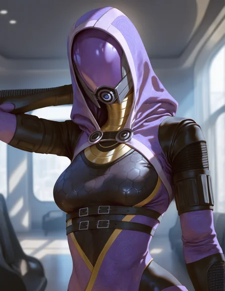 <lora:tali'zorah_noobv11eps_v1:1> masterpiece, best quality, detailed shaded, (2024:1.2), (photorealistic:1.2), (real life:1.2), detailed background,
thebigslick, oouna, honovy, gustave dore, wayne barlowe, (mariart:0.7), colorful, colorful theme, BREAK, (tali'zorah, quarian:1.2), bioware, electronic arts, mass effect, alien, alien humanoid, humanoid, 3 fingers, belt, biped, black clothing, bodysuit, breasts, clothing, female, fingers, front view, furniture, hand behind head, hood, inside, mask, (medium breasts:1.1), pose, purple clothing, skinsuit, solo, standing, tight clothing, detailed background, scenery, inside, blurry background, spacecraft interior, eyeless, pose, pinup, (upper body, close-up:1.2), (big breasts:0.6), from side, glistening, glistening clothing,âââ