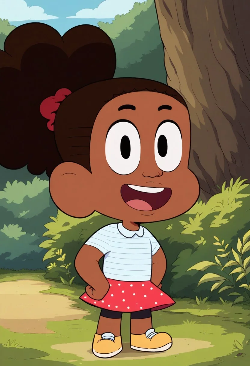 score_8, score_8_up, score_7_up, 1girl, female focus, Solo, Jessica_Cotc, black eyes, brown skin, black eyebrows, dark brown hair, red hair band, hairstyle big fluffy ponytail, white shirt with blue stripes, red skirt with white polka dots, black short, yellow shoes, big eyes, short stature, full body, smile, standing, outside, grass, forest, Sunny, Blue sky, looking at the viewer, happy,