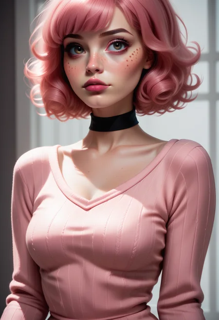 score_9, score_8_up, score_7_up,
1girl, solo, sexy sweater dress, pink dress, scoop neck, black choker,
<lora:Dark_Rosa_Pony_v0.3:0.6> d4rkr0s4, hazel eyes, pink hair,