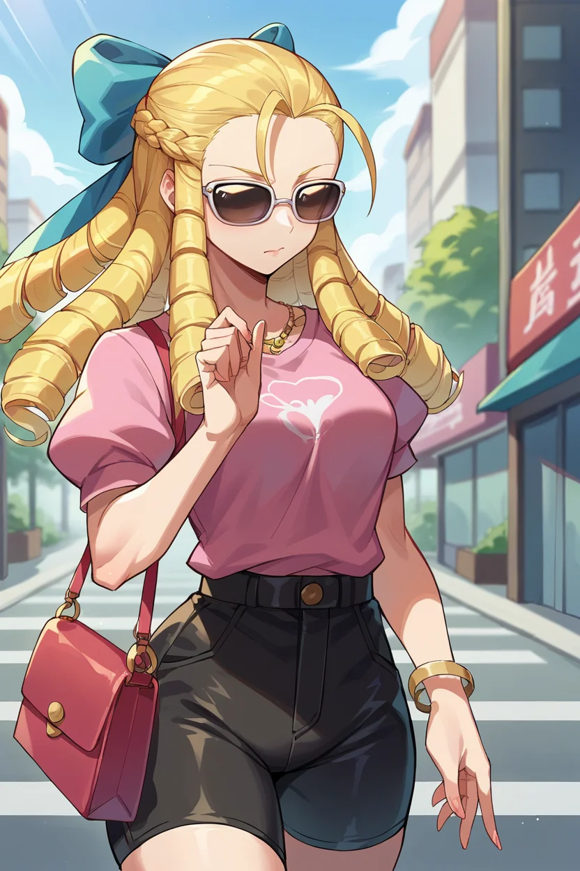 score_9, score_8_up, score_7_up, score_6_up, source_anime, BREAK 1girl, solo <lora:sfkarin-pdxl-nvwls-v1-000006:1> sfkarin, blonde hair, drill hair, hair bow, pink t-shirt, sunglasses, black shorts, handbag, city street