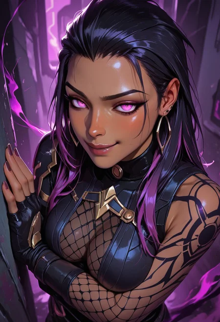 highres, very detailed, amazing quality, masterpiece,
very aesthetic,
particle effect,
1girl, dark-skinned female, two-tone hair, long hair, purple hair, purple eyes, black hair, hair slicked back, arm tattoo, glowing, black bodysuit, boob window, fishnets, black gloves, belt, fingerless gloves,
arms crossed, 
Magic purple eye, holding a magic purple eye, 
Purple smoke, purple fog, 
looking at viewer, Leaning against wall, 
seducing, seductive, flirty, tender, smirk, loving, playful,
Close up, face focus, from above,