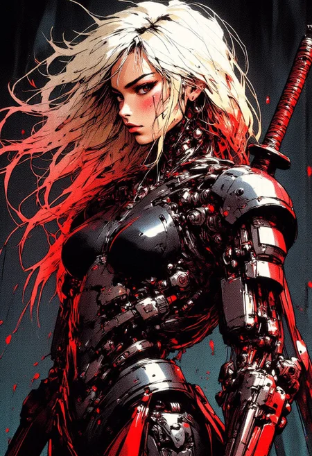 mythp0rt, inksketch, BREAK, cyberpunk robot samurai woman, flowing two-tone hair, plantinum blonde with red streaks, reflective black and red armor, robot joints, body made of metals, cables and wires, a katana strapped to her back, abstract dark background