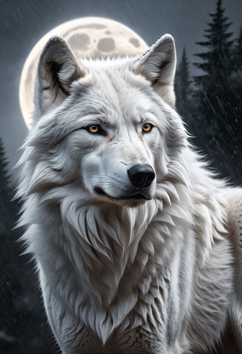 white-gray wolf, sad, determined. lonely wolf, abandoned by his friends, looking at his friends from far away, (((howling))), extremely sad composition, masterpiece,  white fur, Royal, in a heavy rain, full moon, it's head is down, Photorealistic, volumetric shading, Hyperdetailed, perfect composition, beautiful detailed, 8k artistic photography, volumetric cinematic perfect light, award - winning photograph,