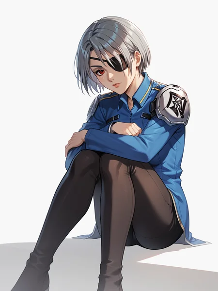1girl, <lora:Fuu-Fuujin _ KH2-FF8_Pony:0.8> fuujin \\(ff8\\), score_7_up, grey hair, red eye, eyepatch,
sitting, hugging knees