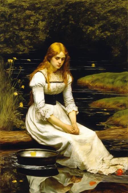 John Everett Millais Style - tu reflejo en el agua y el campo de papeles escritos. Ofelia escribe una carta.Estilo John Everett Millais.