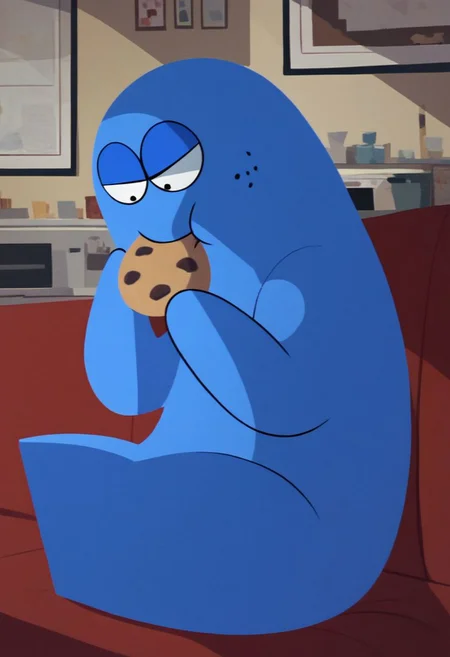 Score_9_up, score_8_up, score_7_up, 1boy, solo, bloo, blue skin, black eyes, no legs, sitting on couch, eating cookies,