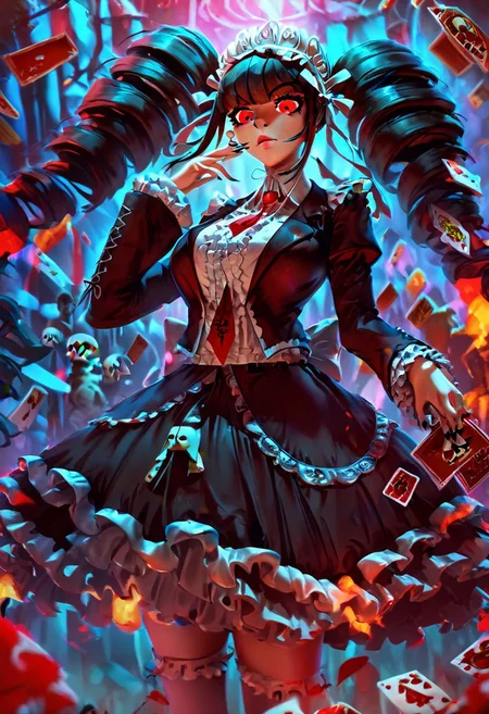 (score_9,score_8_up,score_7_up,score_6_up,score_5_up,score_4_up), 4k,<lora:celestia-ludenberg-s1-ponyxl-lora-nochekaiser:1>,celestia ludenberg,long hair,bangs,black hairred eyes,long sleeves,twintails, drill hair,twin drills,danganronpa_(series),1girl,(slimes_skullwm),skull shaped sclera,(wide hips),thick thighs,curvy,(serious),(casino),(maid dress),(gothic),TV in background,(coins),(flying cards),(jewelry),large breasts,(hand sign),(neon lights),(posing),(print red necktie),holding card,crystal ball,print maid outfit,wooden table,card made of skulls, (masterpiece,best quality),<lora:Pony_QualityV4.0.safetensors:1.0>, (high quality,detailed),<lora:Pony_DetailV2.0.safetensors:1.0>,best shadow,4k,<lora:blood_orange_world_morph_sdxl.safetensors:1.0>