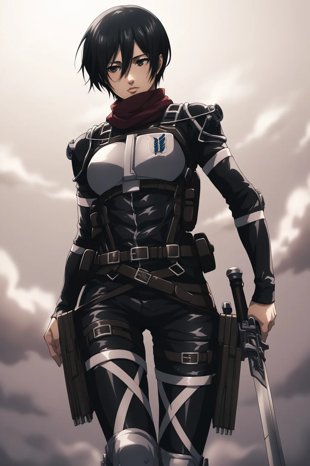 score_9, score_8_up, score_7_up, BREAK source_anime, <lora:adult mikasa ackerman-PonyXL-lora-faxtron:0.8> adult mikasa ackerman, black eyes, black hair, short hair, paradis military uniform, armor, belt, thigh strap,