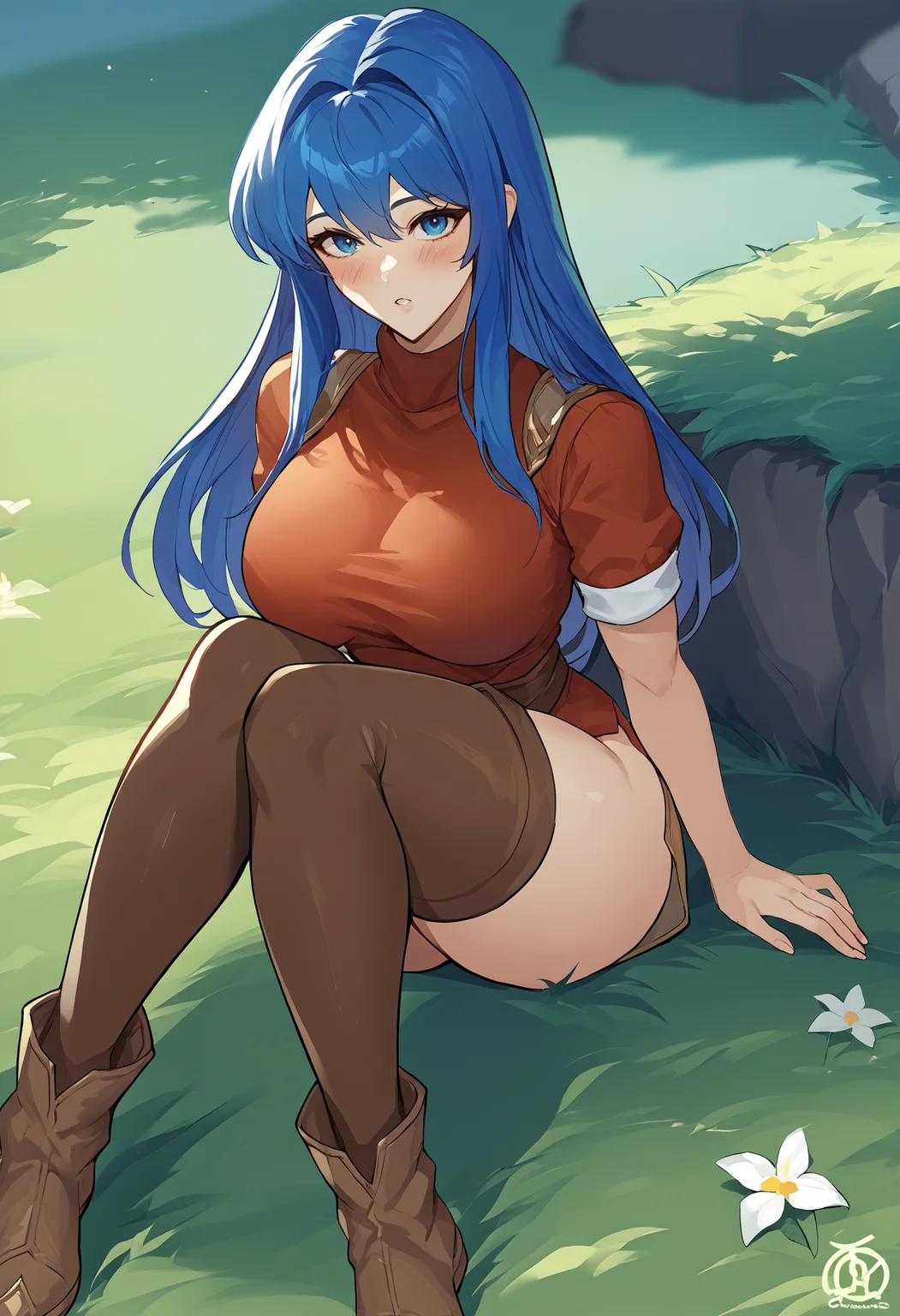 score_8_up, score_7_up, source_anime BREAK 1girl, solo, <lora:revolverwing-artist-richy-v1_pdxl:1> blush, looking at viewer, <lora:caeda-fe-richy-v1_pdxl:1> caedards, blue eyes, blue hair, long hair, bangs, red shirt, short sleeves, bottomless, brown thighhighs, thighs, large breasts, sitting, brown boots, full body, outdoors, grass, parted lips,
