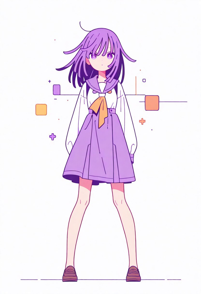 Flatline, Flat vector illustration, looking at viewer, full_body, 
nadeko, long hair, long bangs, school_uniform, sailor, 
slim, slender, knees, 
from front, front view, straight-on, look at viewer, standing, (legs apart:1.4), 
white background,