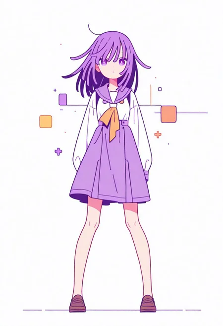 Flatline, Flat vector illustration, looking at viewer, full_body,
nadeko, long hair, long bangs, school_uniform, sailor,
slim, slender, knees,
from front, front view, straight-on, look at viewer, standing, (legs apart:1.4),
white background,