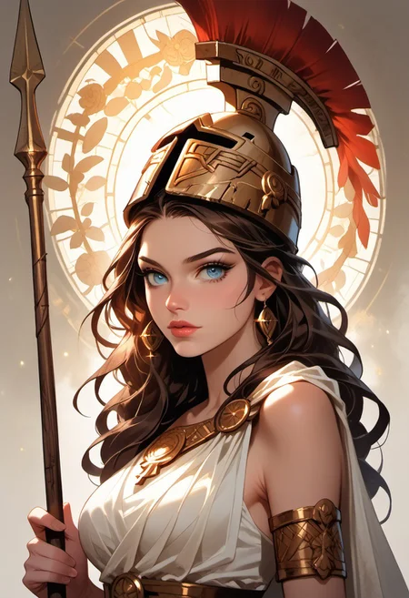 Stable_Yogis_PDXL_Positives, (score_9, score_8_up, score_7_up), ((Greek mythology style)), ((face focus, eye focus, dynamic angle, motion)), 1girl, solo, fantasy, (greek_athena, helmet ontop of head, brown hair, long hair, toga, armor, sandals), (ancient greek clothes), (armor), (holding spear), lace, cape, breathless intimacy, tanned skin, petite model bombshell, heart, young, delicate features, narrow pointy nose, tiny nose, lust, big eyes, seductive eyes, blue eyes, detailed skin, flared lashes, mascara, makeup, perky huge breasts, athletic body, narrow waist, skinny hips, 
warm light, detailed, neon dark party
 BREAK
milky way, runes, arcane, astral, surreal, ethereal glow, masterpiece, best quality, intricate design. colorful, moonlit nightsky, stained glass aesthetic, moody whimsical color palette, murano glass, bold soldering lines, volumetric light shining through, crepuscular rays, intricate craftsmanship, detailed texture, luminous transparency, reflective light play, vivid hues, atmospheric depth, enchanting silhouette, art nouveau,