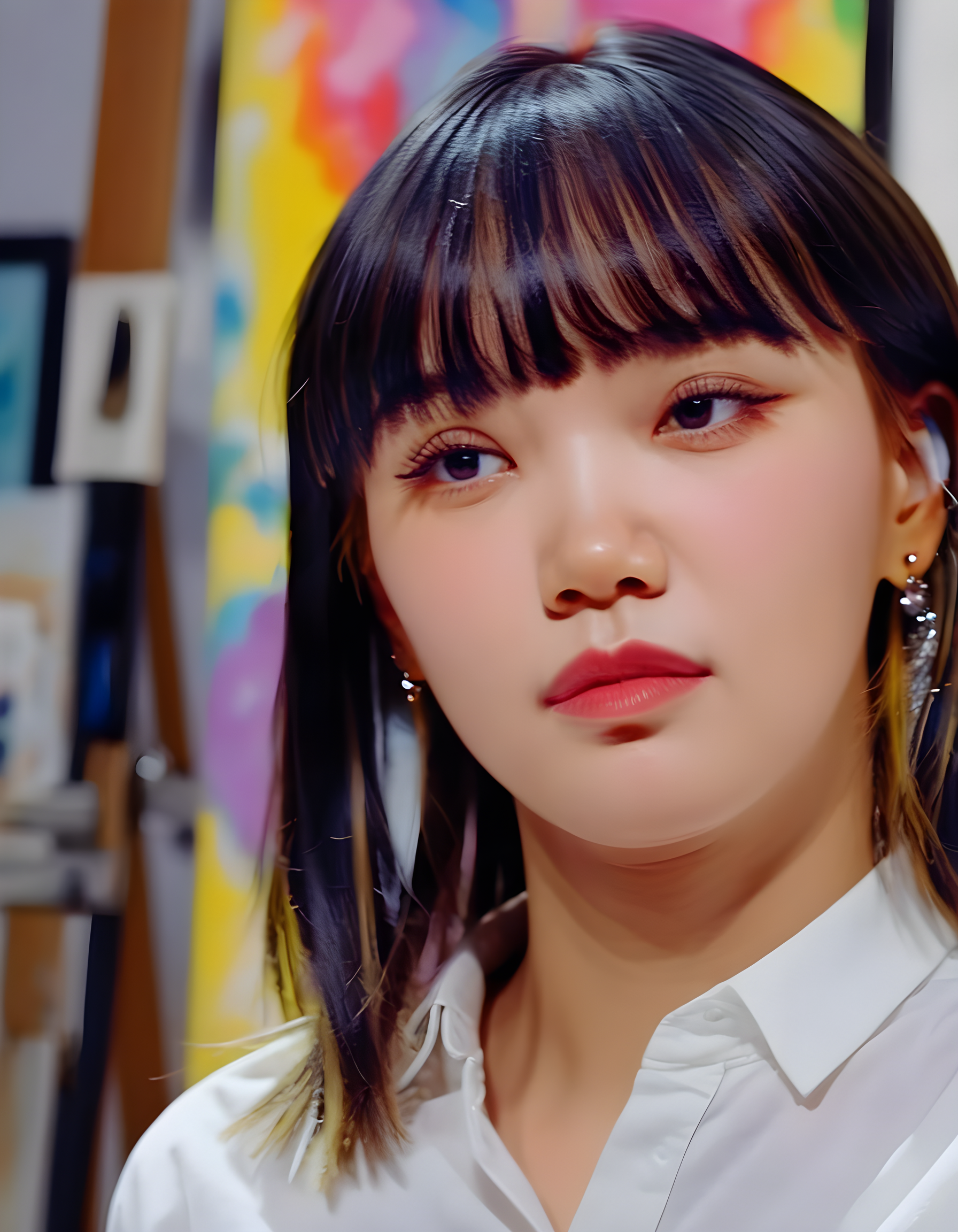 K1MCWYT, In a vibrant, sun-drenched artist's studio adorned with colorful canvases and easels, a striking woman with black eyes, blunt bangs falling across her forehead, and silver earrings is captured in a close-up, portrait-style photograph. She wears a crisp, white shirt, her lips closed, maintaining an enigmatic air, as she gazes intently off-camera, her pose exuding a sense of quiet strength and contemplation against the backdrop of the bustling creative haven.