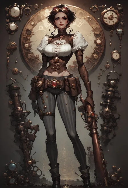 score_9, score_8_up, score_7_up, full body, LadyM_DG, black sclera, red eyes, black hair, short hair, eyeshadow, asymmetrical legwear, gloves, belt,belt pouch, bustier, corset, steampunk,striped pants, black pants, goggles on head, holding rifle, 1girl, delicate and smooth skin, blush, perfect body, thighs, large breasts, highly detailed, glossy lips, looking at viewer, steampunk background, <lora:Concept Art DarkSide Style LoRA_Pony XL v6:0.8> concept art, <lora:Expressive_H-000001:0.8> expressiveh, <lora:Kenva:0.8> knva, halftone effect, <lora:sinfully_stylish_SDXL> <lora:Lady Mechanika (PonyXL) v01:0.8>