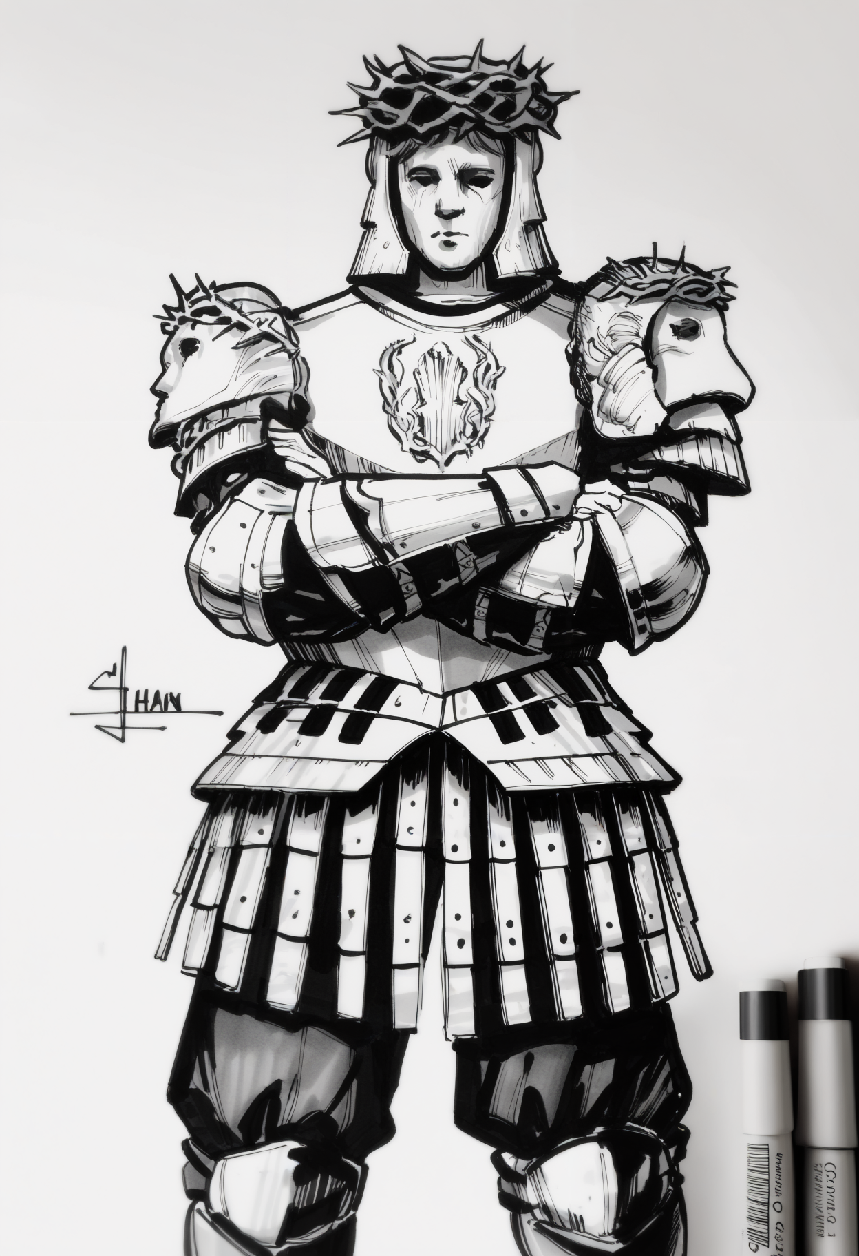 masterpiece, best quality, newest, absurdres, highres, 1other, helmet, mask, crown of thorns, armor, breastplate, chainmail, pauldrons, gauntlets, faulds, greaves, whiteboard \(medium\), marker \(medium\), photoshop \(medium\), traditional media, monochrome, sketch, whiteboard, crossed arms
<lora:Looking Glass Knight:1>