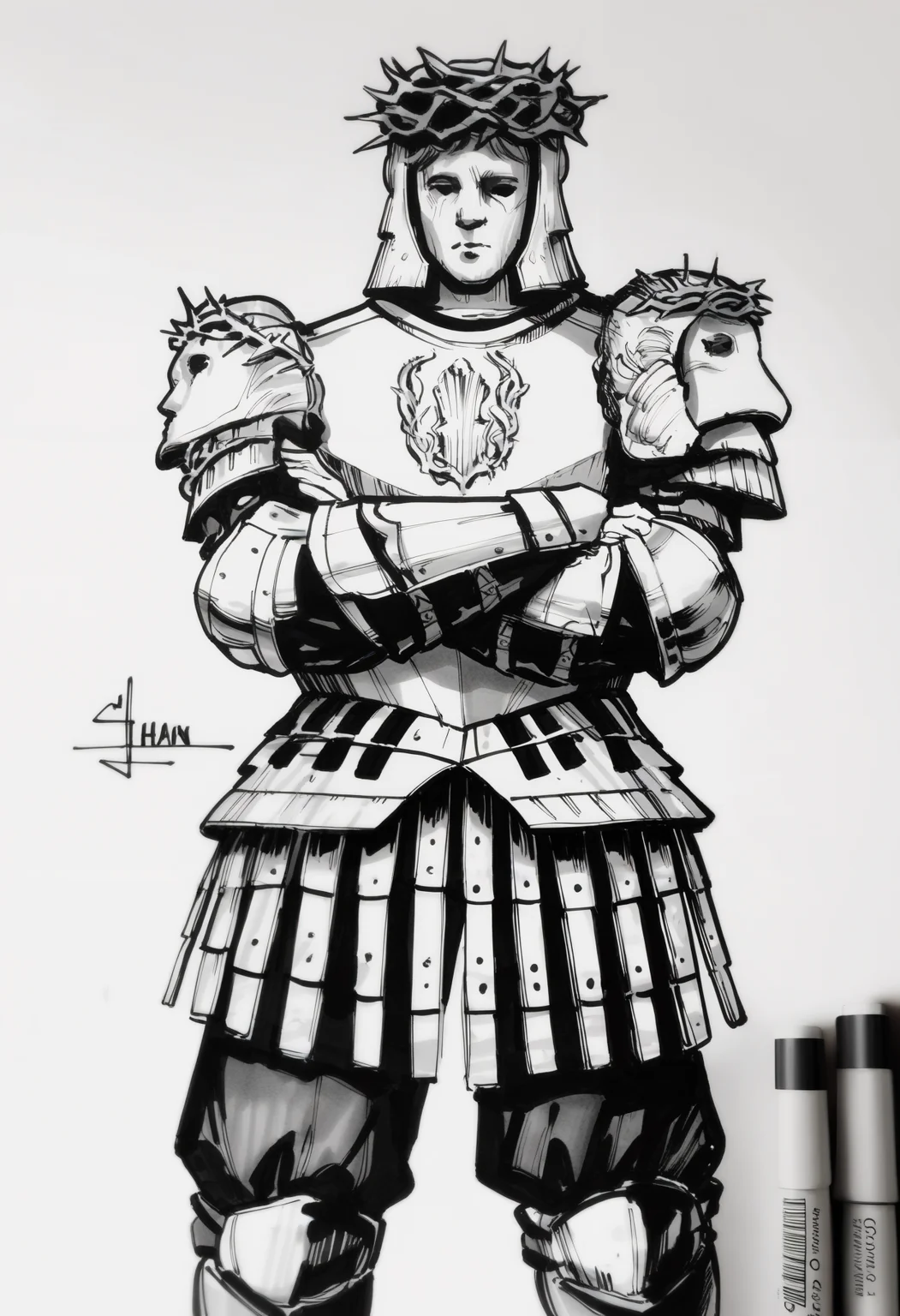 masterpiece, best quality, newest, absurdres, highres, 1other, helmet, mask, crown of thorns, armor, breastplate, chainmail, pauldrons, gauntlets, faulds, greaves, whiteboard \(medium\), marker \(medium\), photoshop \(medium\), traditional media, monochrome, sketch, whiteboard, crossed arms
<lora:Looking Glass Knight:1>