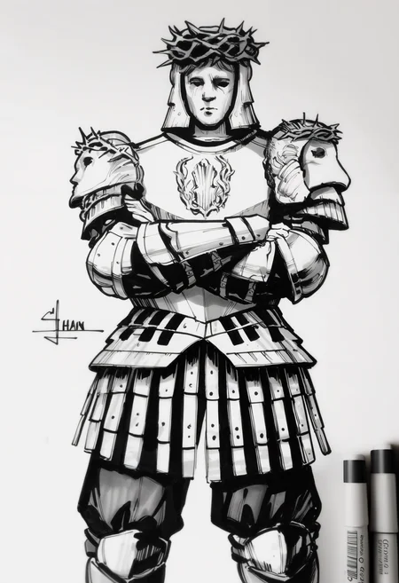 masterpiece, best quality, newest, absurdres, highres, 1other, helmet, mask, crown of thorns, armor, breastplate, chainmail, pauldrons, gauntlets, faulds, greaves, whiteboard \(medium\), marker \(medium\), photoshop \(medium\), traditional media, monochrome, sketch, whiteboard, crossed arms
<lora:Looking Glass Knight:1>
