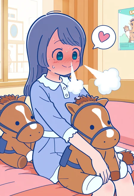 1girl, solo,
keiba lady,long hair, halftone, aqua eyes, blue hair, swept bangs, stuffed toy,blue dress, collared dress, frills,
hugging object, many stuffed animal, stuffed horse, 
nose vapor,
sitting, on bed, 
indoors, poster, window,
love, smile, happy, excited, looking down, looking at object, 
sweat,blush, spoken heart, a lot of heart, full-face blush, 
masterpiece,best quality,amazing quality,very aesthetic,absurdres,newest,
<lora:StS-Illustrious-Detail-Slider-v1.0:1.5>,<lora:reduce_wrinkles_illstriouosv0.1_ADDifT_2_in_1_v1.2:0.8>,<lora:99coins_nose_vapor_IL_v6_06:1>, <lora:keibalady_Illust_v1:1.2> sketch,