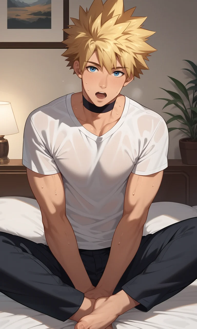 score_9, score_8_up, score_7_up, masterpiece, best quality, lots of details, ((1boy)), solo, male focus, Lenga, blonde hair, slim, spiked hair, blue eyes, open mouth, sitting, on bed, choker, white t-shirt, short sleeves, black pants, shaded, sweat, detailed shading, detailed skin, shaded skin, realistic shading, looking at viewer, Expressiveh, countershading:1.1, bedroom interior, indoors, <lora:add-detail-xl:0.7>, <lora:Smooth Anime 2 Style SDXL_LoRA_Pony Diffusion V6 XL:0.8>, <lora:Expressive_H:0.8>, <lora:Lenga_XL_V10_OPT:0.9>
